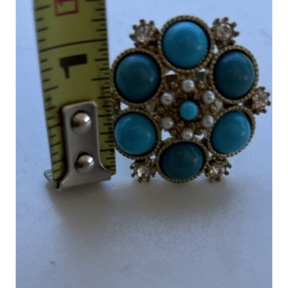 Vintage Size 6.5 Silver Oval Turquoise Pearl White Stone Faux Ring Western Style - Picture 4 of 11